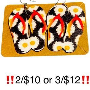 Flip Flop Earrings Wooden Flower Pattern Daisy Summer Statement Novelty Earrings